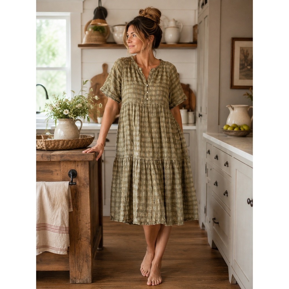 Poetry Linen Cotton Dress Size 14 Tiered Pockets Checkered Crinkled Seersucker